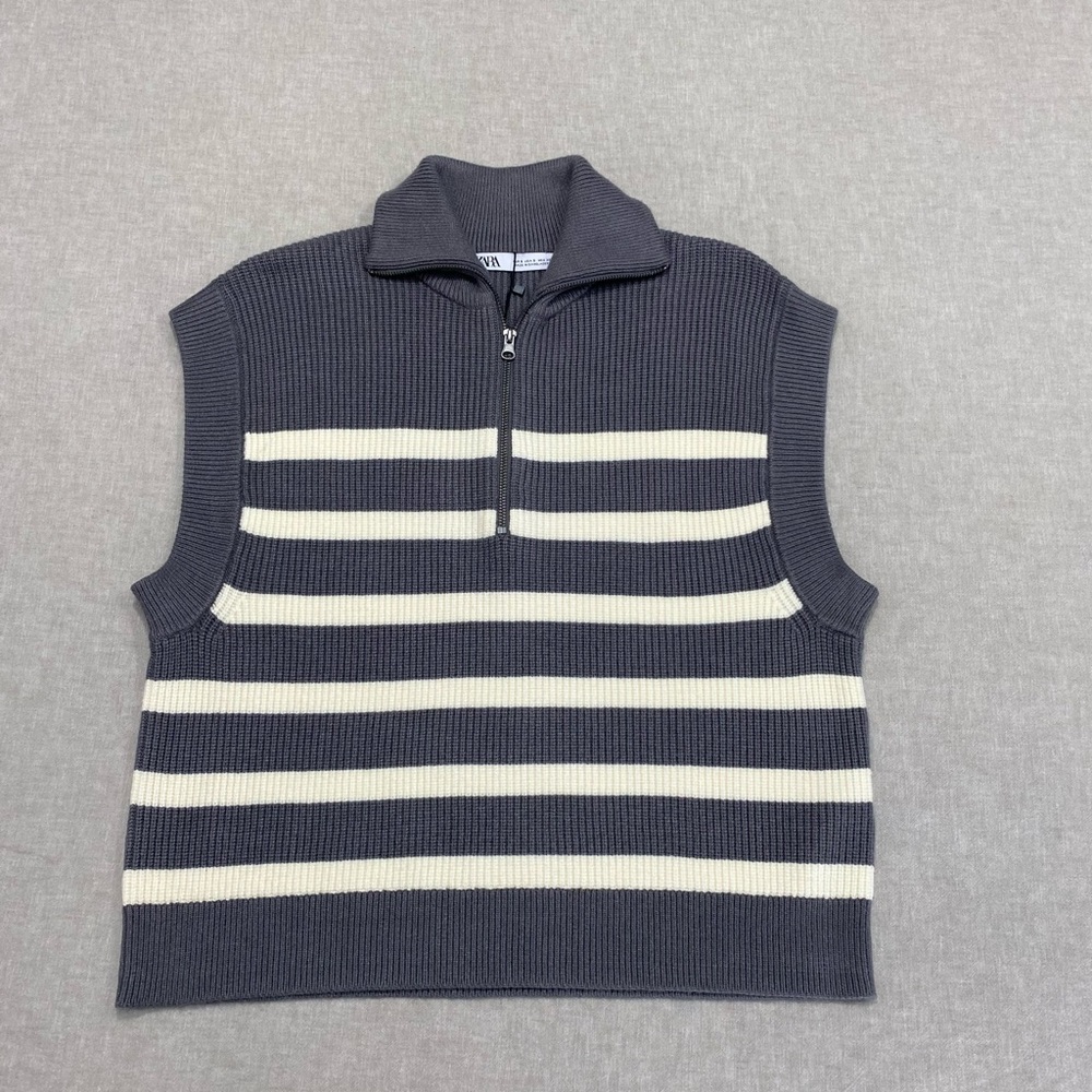 Zara Women Sweater Vest Grey Striped Half-Zip Knit Pullover Size S Viscose Blend